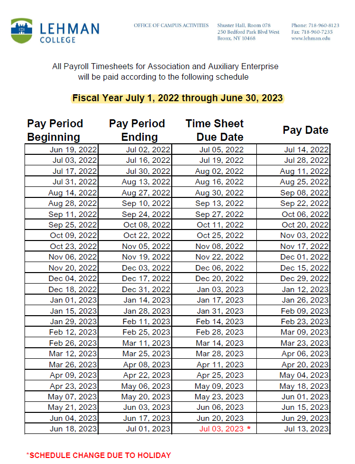 Administration Office of Campus Activities Payroll Schedule for Non