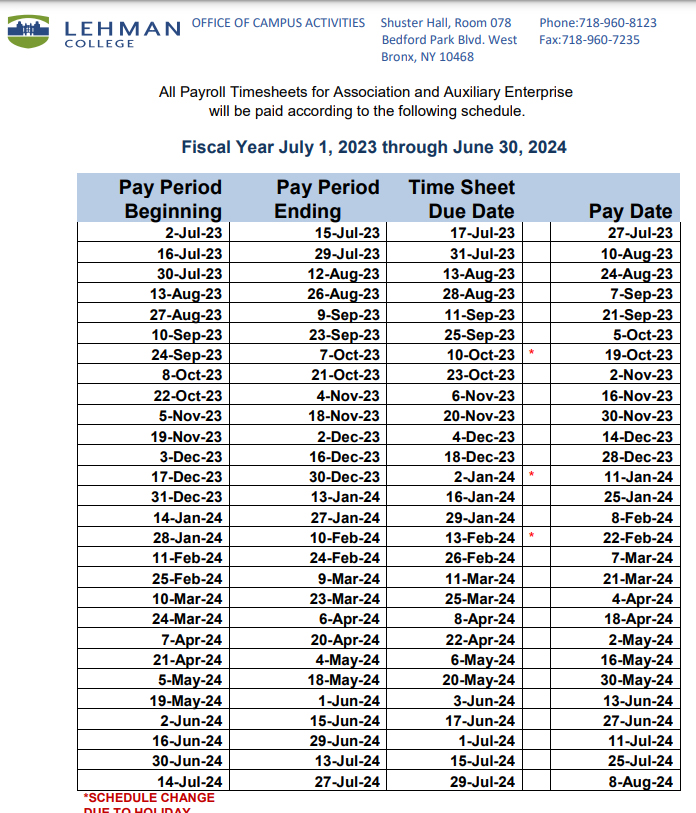 Payroll Schedule for Non-tax Levy Services