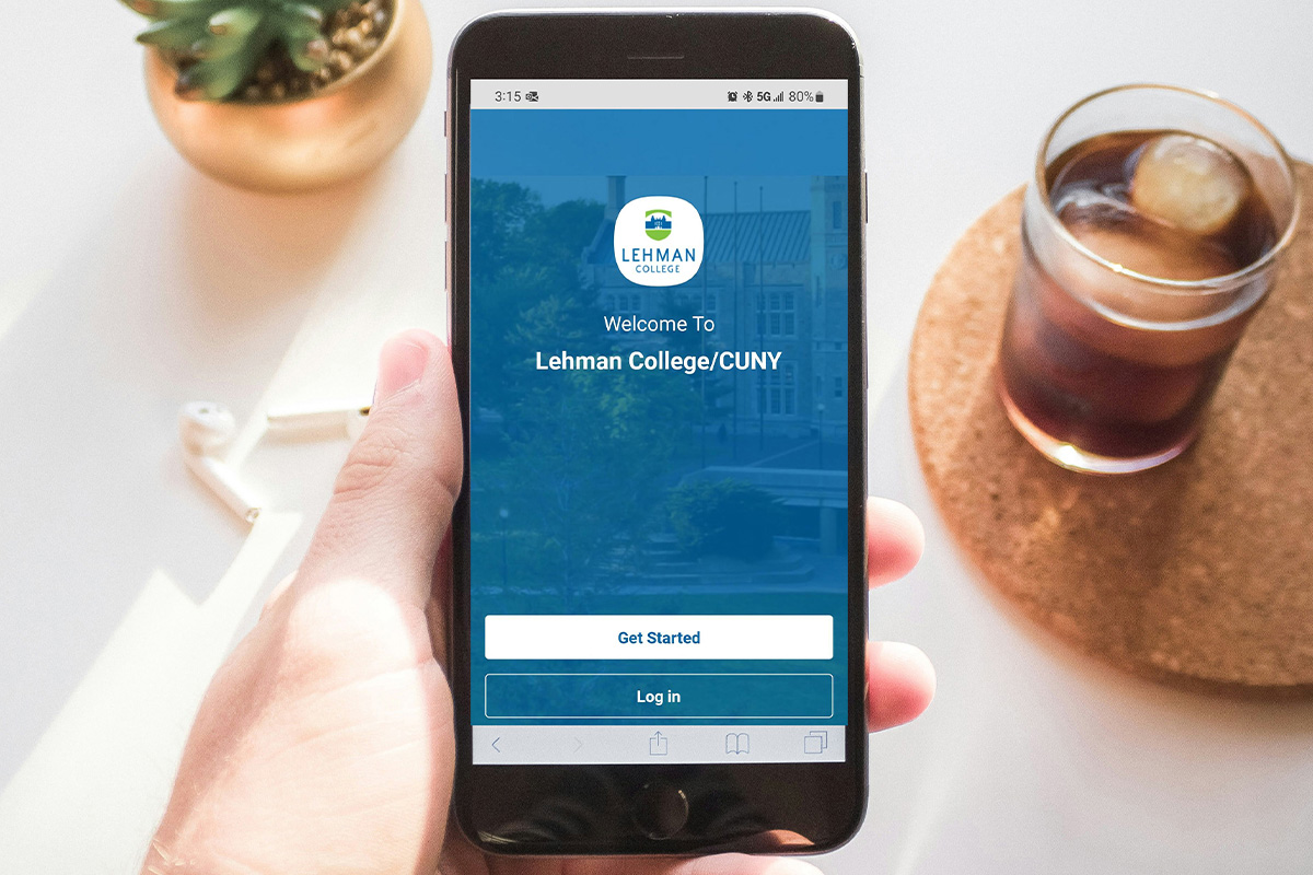 Photo of hand holding phone displaying the Lehman College Mobile App