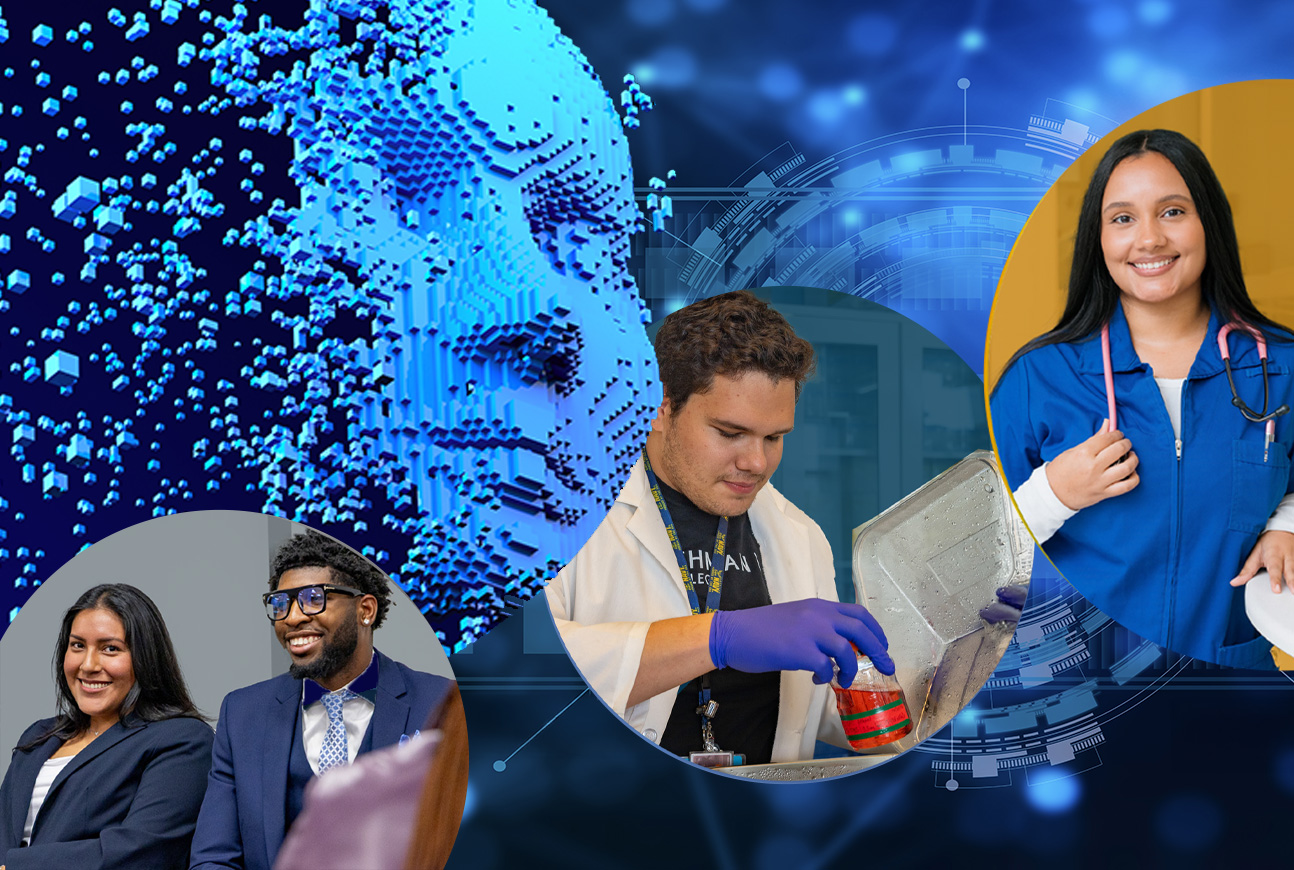 A graphic collage featuring students, professionals, a healthcare worker, a lab researcher, and a digital 3D face representation.
