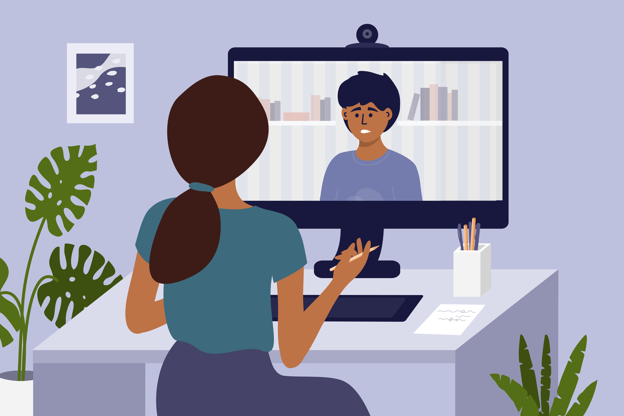A vector image of a distraught young man on a desktop computer screen looking directly at a woman who is sitting  providing him telehealth counseling services. She holds a pencil in her right hand. We only see the back of her head. There is a monstera floor plant to left of her desk.