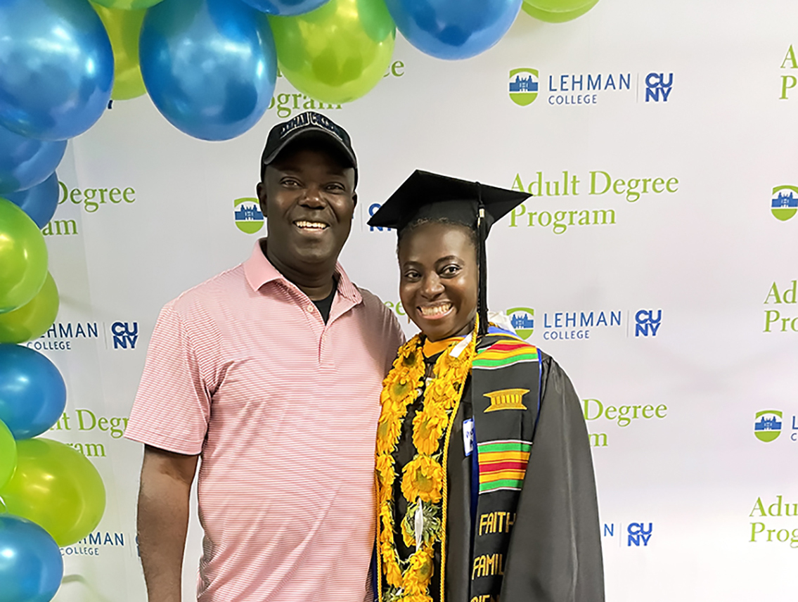 Eric Agyenim-Boateng, a prior Adult Degree Program graduate celebrates with Victoria Agyenim-Boateng '23, now also an Adult Degree Program graduate. (Photo by Pam Hinden)