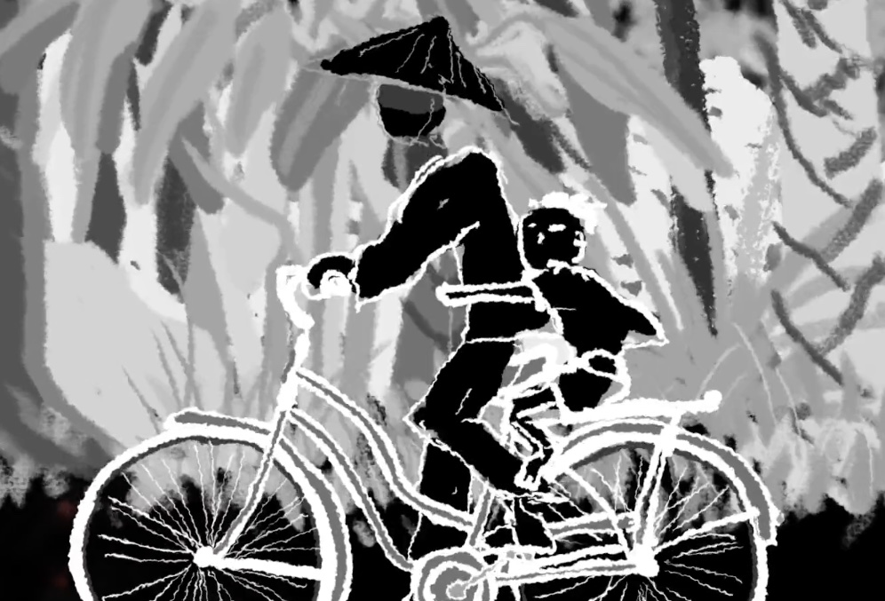 Man on bicycle with child an umbrella - in abstract