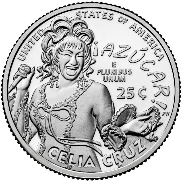 black and white image of a U.S. quarter featuring Celia Cruz on the face.