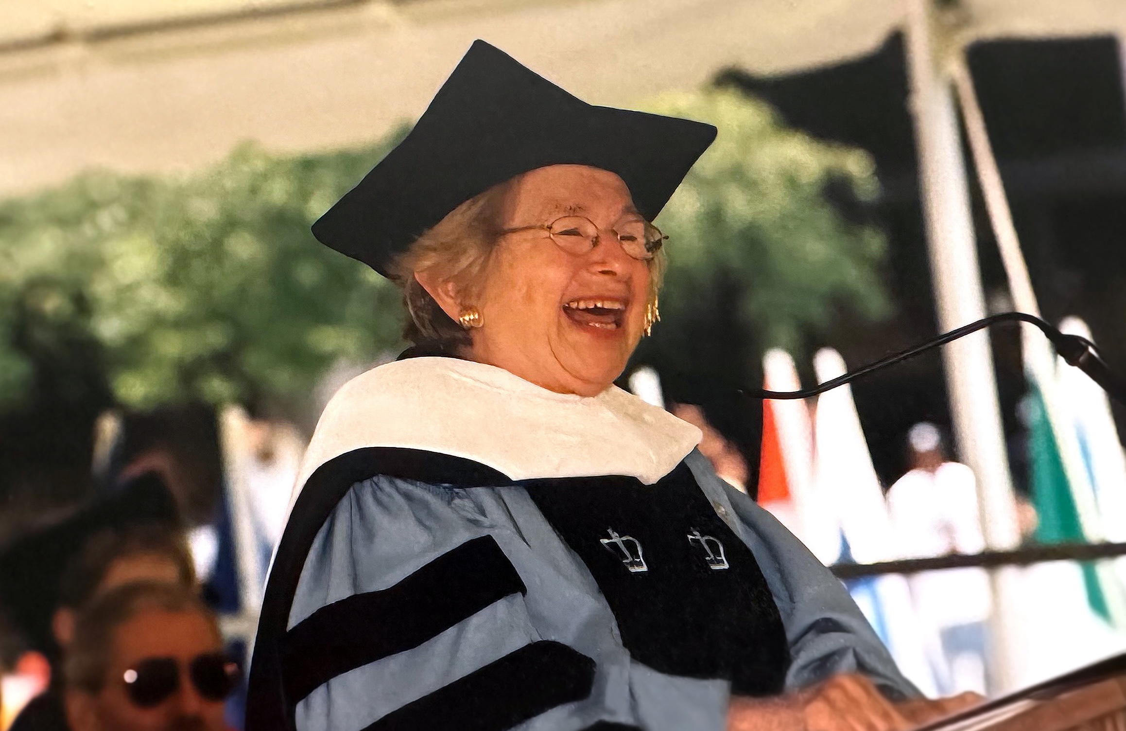 Dr. Ruth Westheimer speaks from the podium during the 2001 Commencement ceremony.