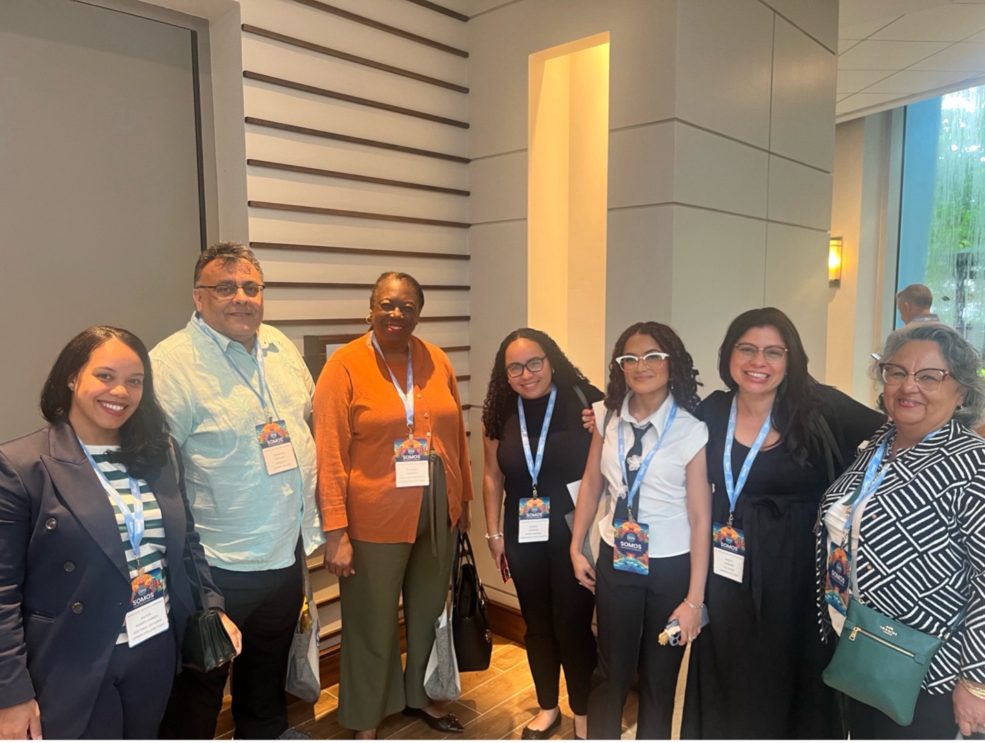 (From left to right: Dr. Julissa Adames-Torres, President Delgado, Dean Elgloria Harrison, Daniella Carmona, MSW candidate, Amy Figueroa, BSW candidate, Prof. Yaneth Lombana, and Dr. Evelyn Laureano) 