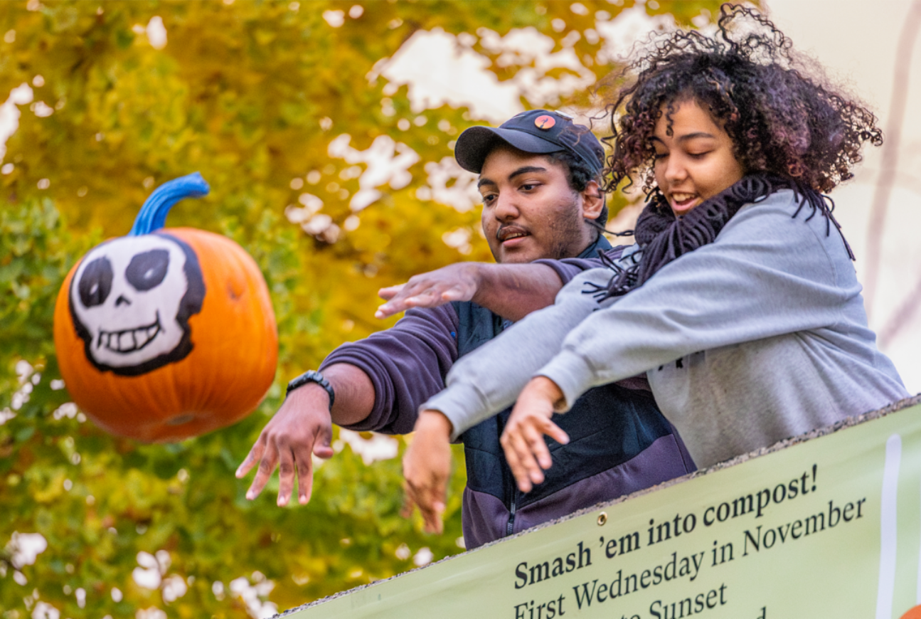 Lehman’s annual Pumpkin Smash, produced in partnership with the New York Botanical Garden, brings the campus and community together to turn post-Halloween pumpkins into compost. 
