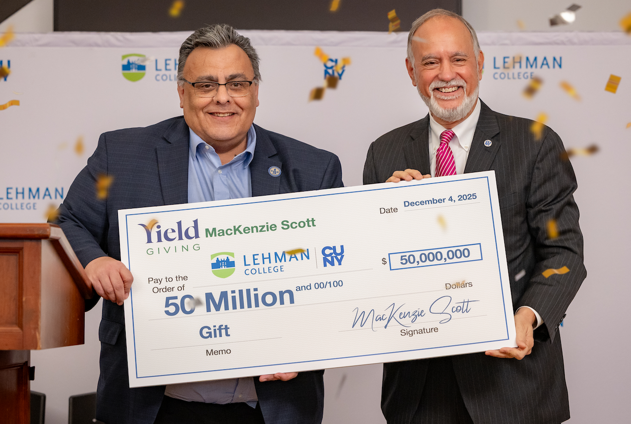 president fernando delgado with chancelor felix matos rodriguez accepting 50 million dollars from mackenzie scott