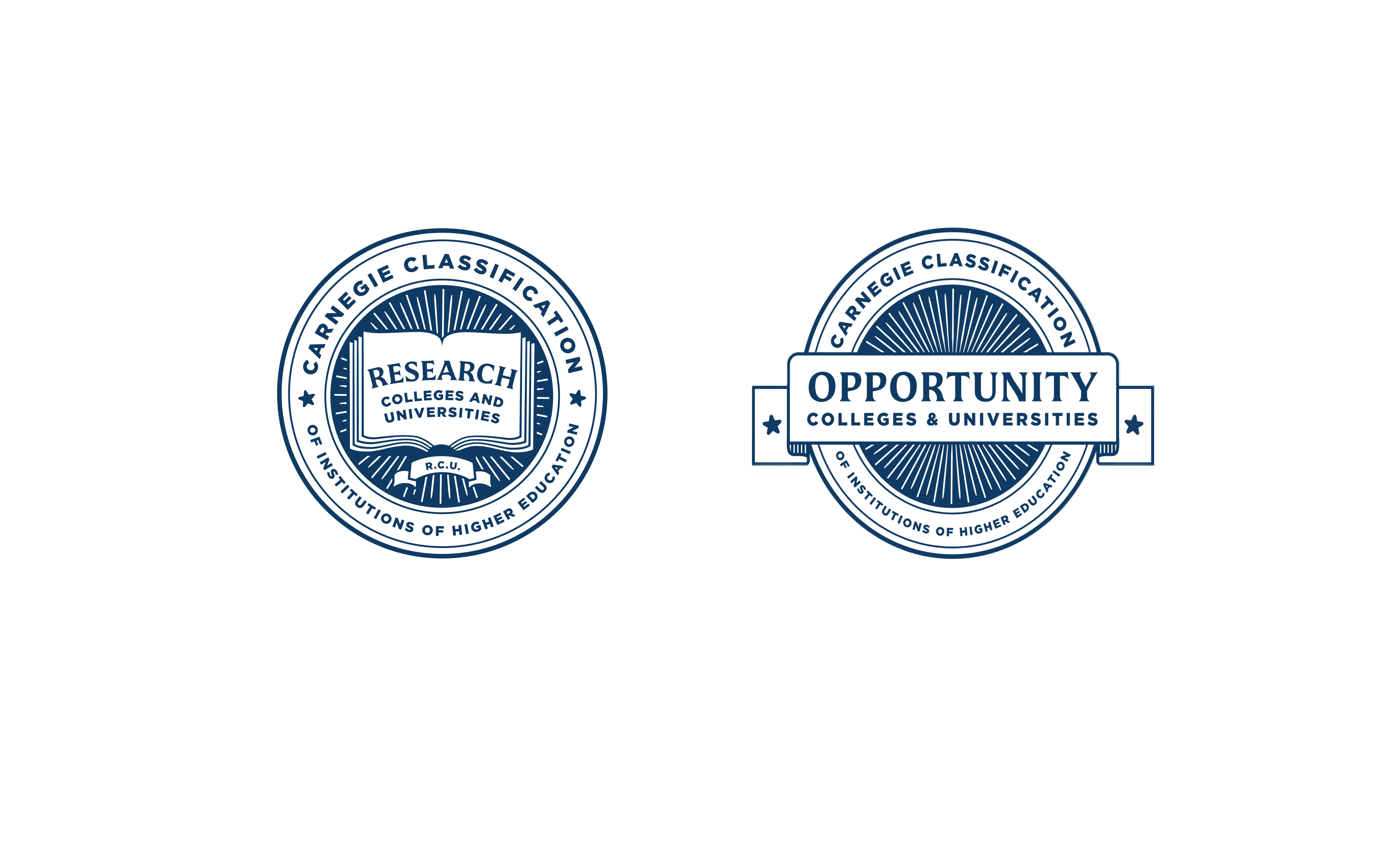 Two official Carnegie Corp. seals in navy on white background designating Research Colleges and Universities and Opportunity Colleges and Universities