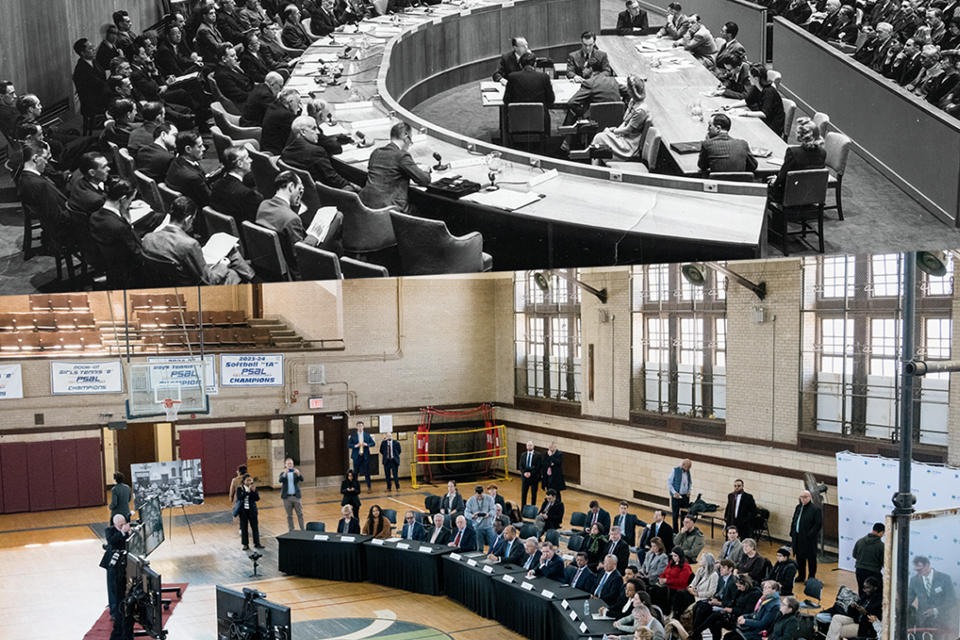 Cropped split screen photo of the UN Security Council at Lehman 80 years apart