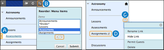 Sample image of how to reorder and manage course menu