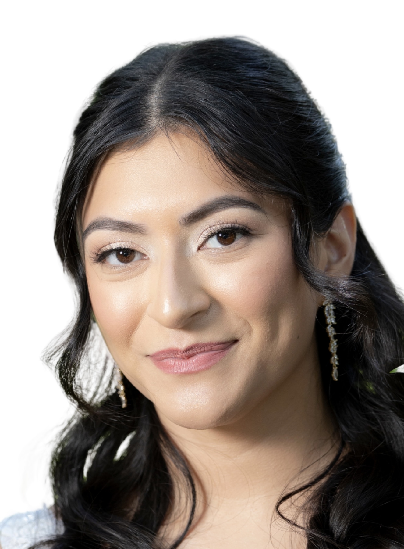 woman smiling at camera with black hair