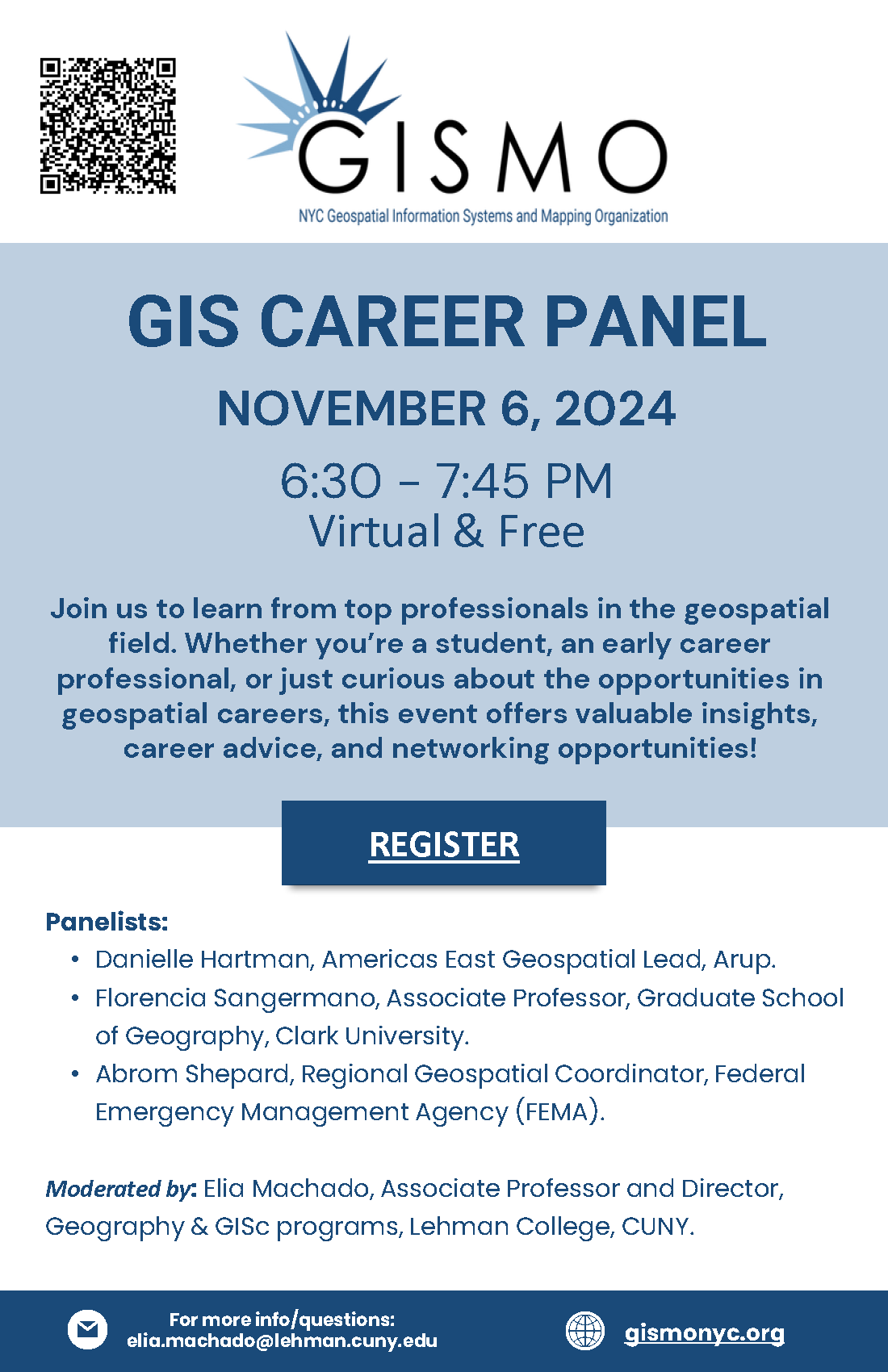 GISMO Career Panel flyer for Nov 6 2024 w/QR code for registration