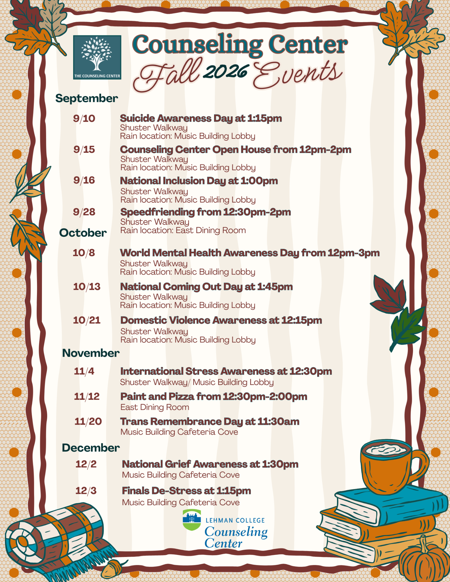 A list of Fall 2026 Counseling Center events