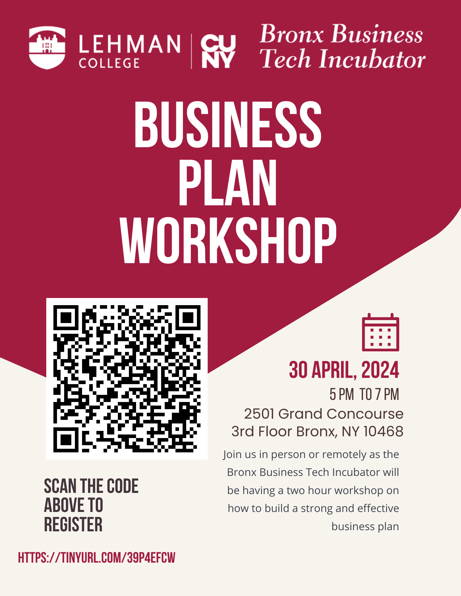 Bronx Business Tech Incubator Business Plan Workshop Flyer